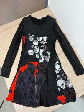 Dzhavael Couture Bubble Hem Long-Sleeve Abstract Print Mixed-Media Midi Dress XL